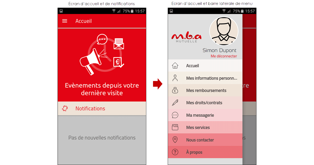 Les services sur l'appli mobile MBA Mutuelle